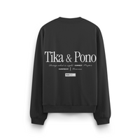 Black unisex cotton crew with white Tika & Pono design logo on the back