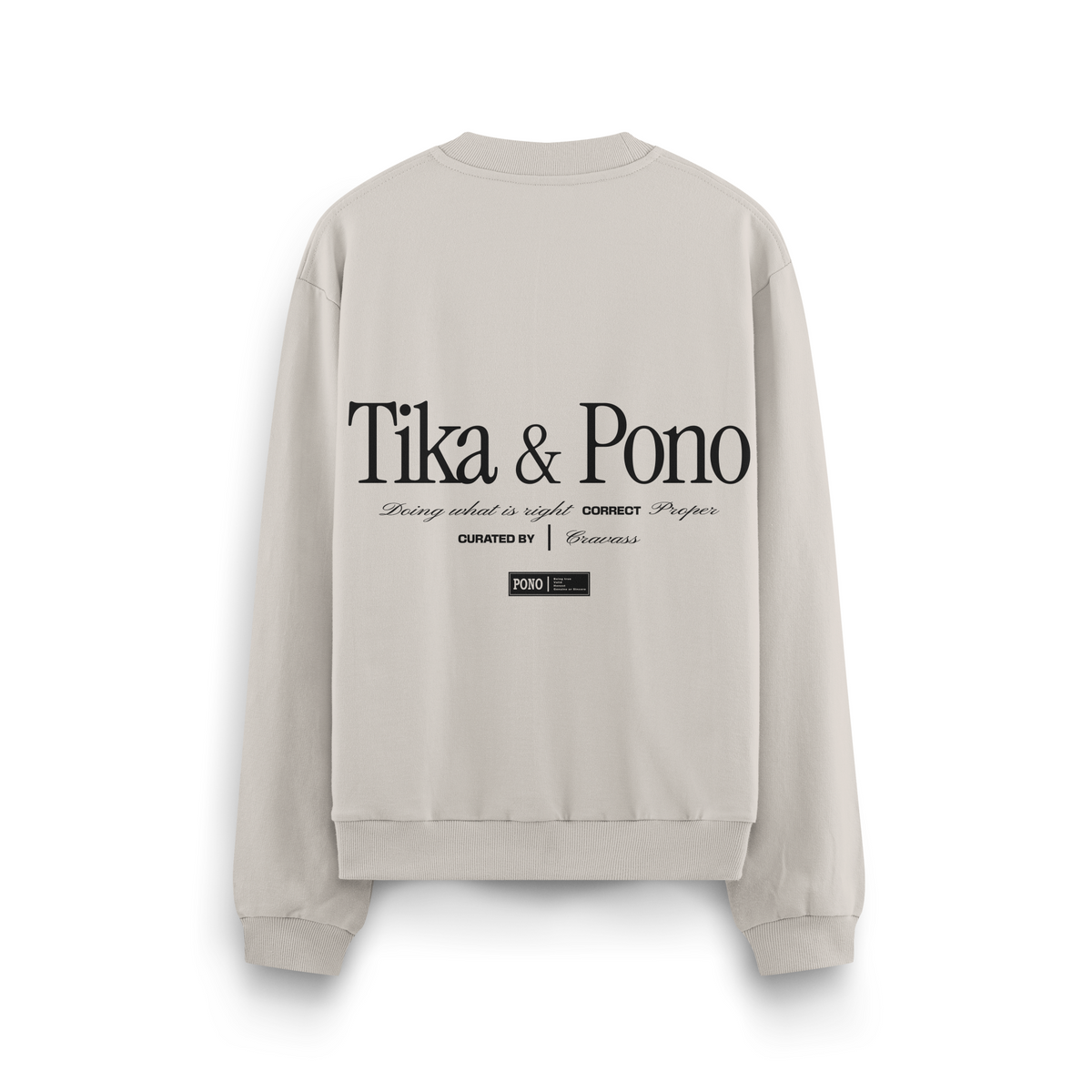 White unisex cotton crew with black Tika & Pono design logo on the back