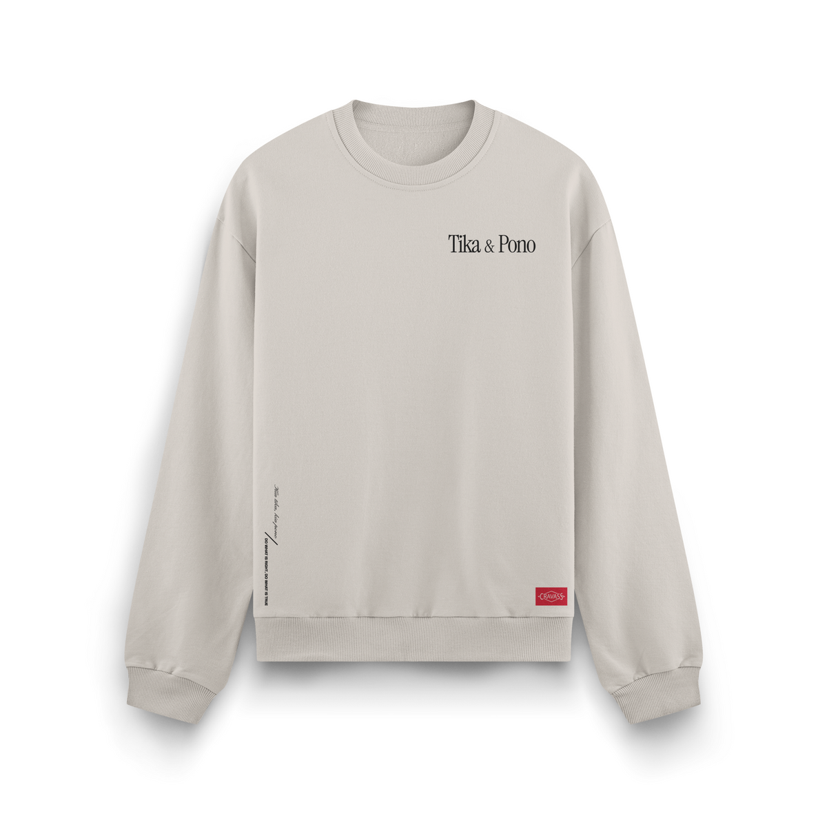 White unisex cotton crew with black Tika & Pono design logo on front chest