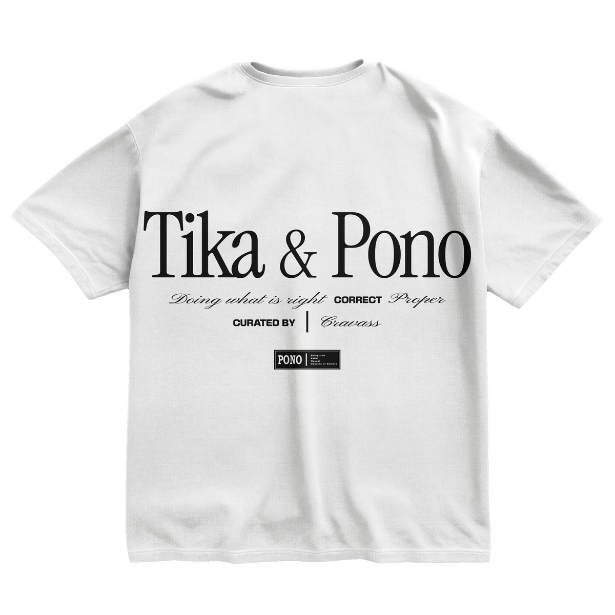 White unisex cotton t-shirt with white Tika & Pono design logo on Back