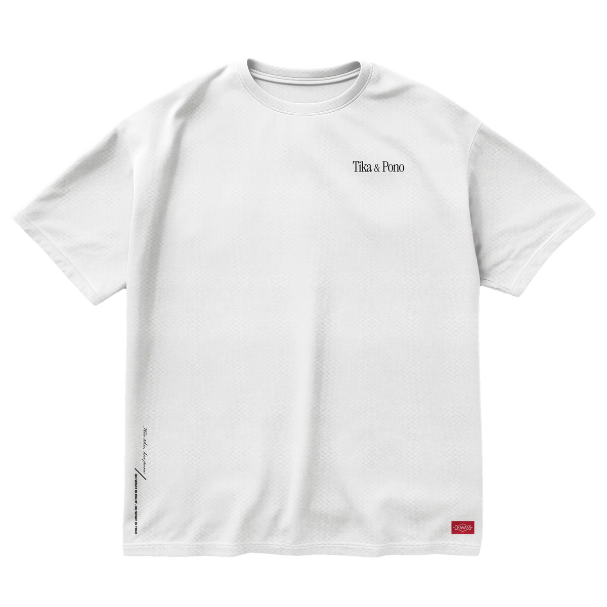 White unisex cotton t-shirt with black Tika & Pono design logo on Back