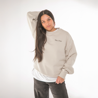 Close-up of Tika & Pono Māori typography print on heavyweight crewneck