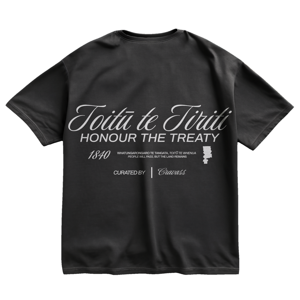 Black unisex cotton t-shirt featuring a white Toitu te tiriti design logo on the back.