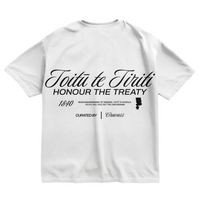 White unisex cotton t-shirt featuring a white Toitu te tiriti design logo on the back.