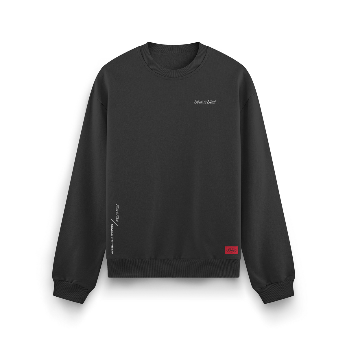 Black unisex cotton crew featuring a white Toitu te tiriti design logo on the front.