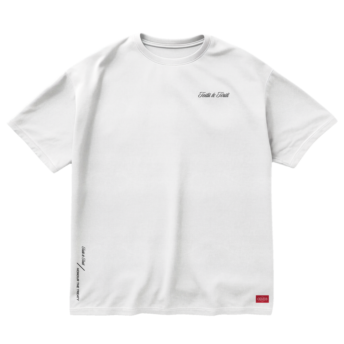 White unisex cotton t-shirt featuring a white Toitu te tiriti design logo on the front.