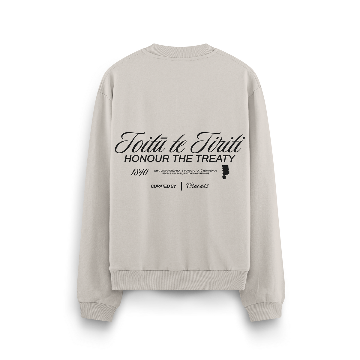 Close-up of Toitū te Tiriti Māori typography on heavyweight crewneck