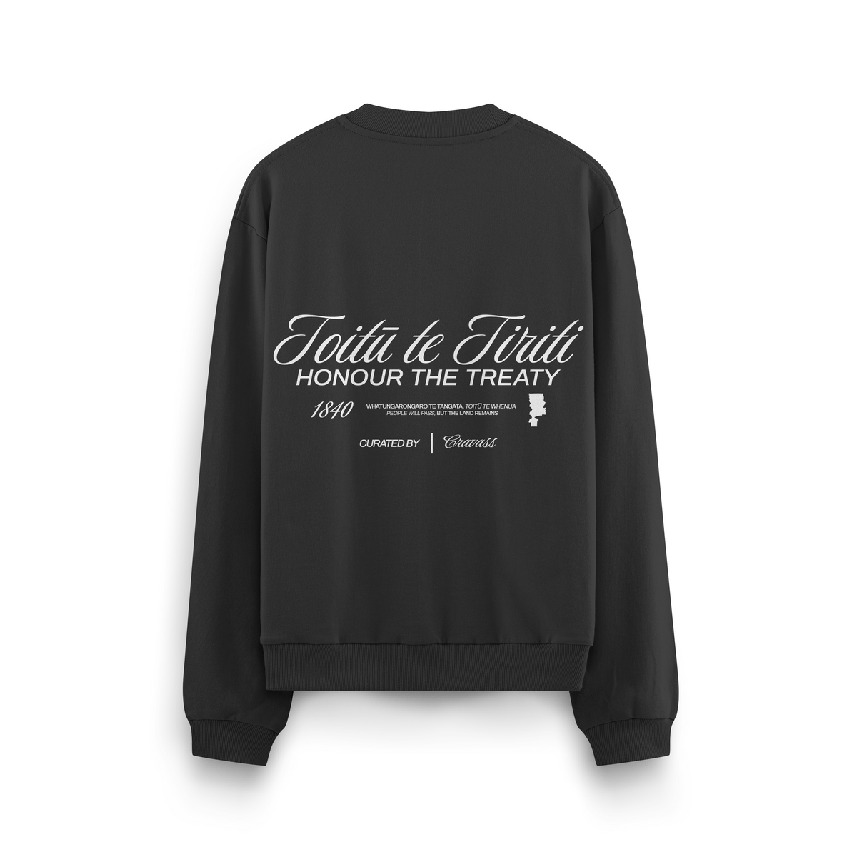 Black unisex cotton crew featuring a white Toitu te tiriti design logo on the back.
