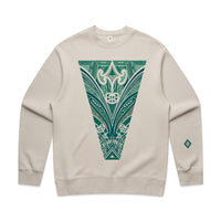 Bone colour crew jersey with green contemporary Maori design