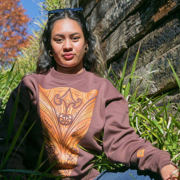 Women's Brown crew jersey with brown contemporary Maori design