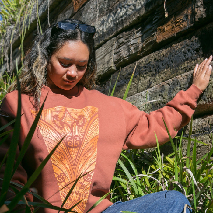 Women's Brown crew jersey with brown contemporary Maori design Back