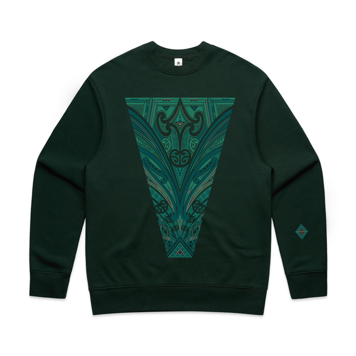 Pine green crew jersey with green contemporary Maori design