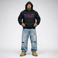 Cravass Waiporoporo Tiki hoodie black with hood up, premium Māori streetwear graphic pullover, full body product image