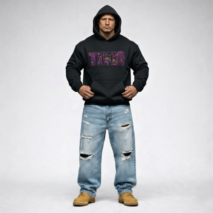 Cravass Waiporoporo Tiki hoodie black with hood up, premium Māori streetwear graphic pullover, full body product image