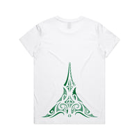 Women's white t-shirt with green Maori ta moko design.