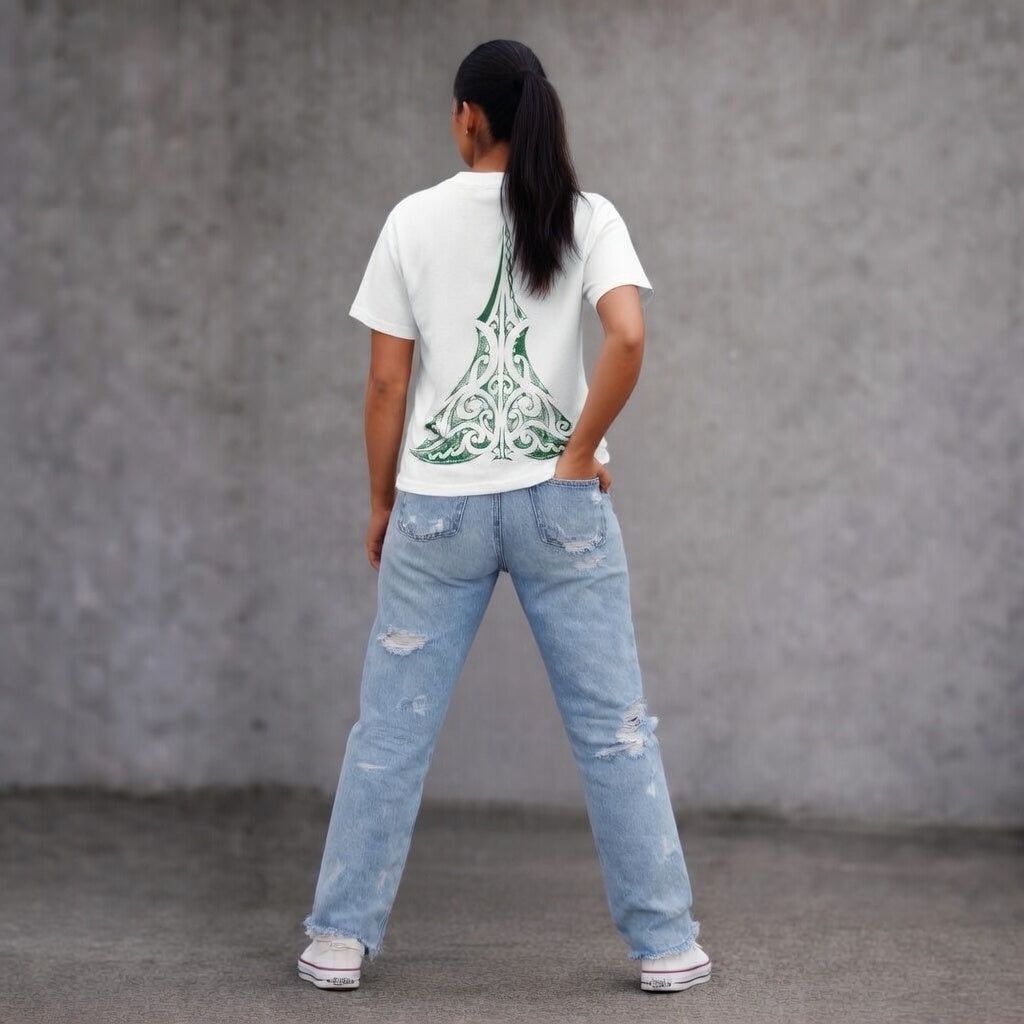 Lower Back Wha Māori ta moko women’s white t-shirt with green maori design NZ streetwear by Cravass