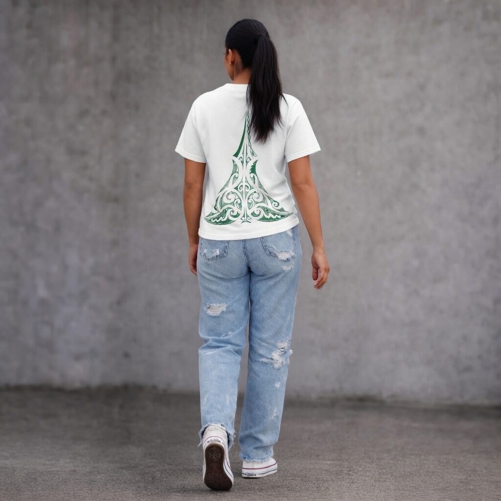 Back view of Lower Back Wha women’s white t-shirt with green Maori ta moko design NZ streetwear by Cravass