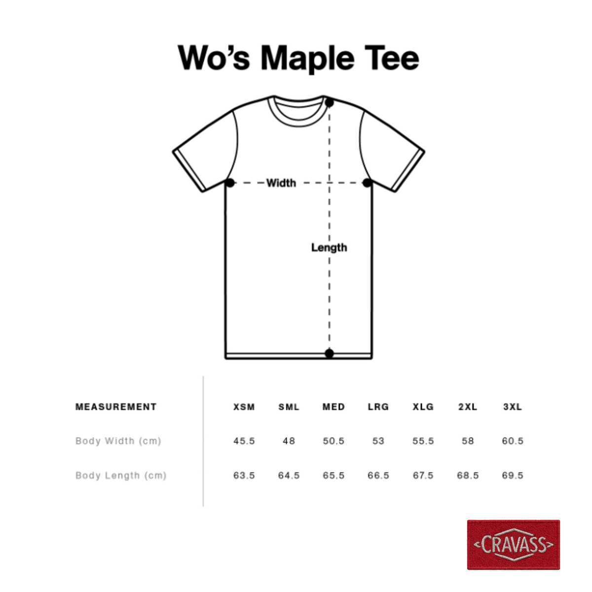 Measurement chart for 'Wo's Maple Tee' with Cravass logo