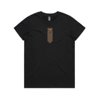 Women's black t-shirt with a Satin Mocha brown Maori Moko Kauae design