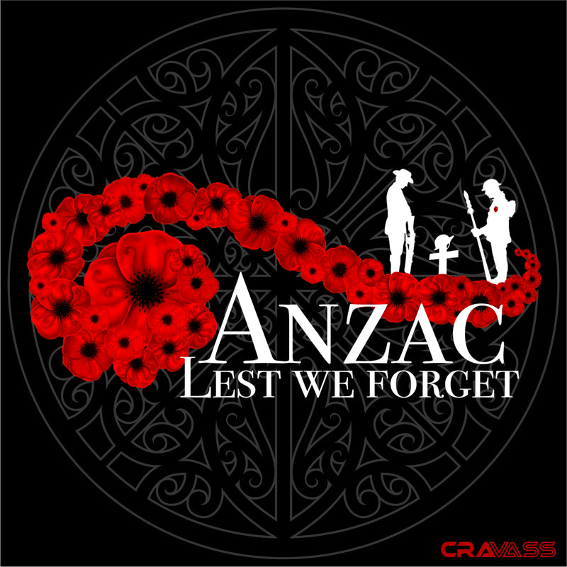 Anzac original design with poppies and soldiers and Maori designed back ground.