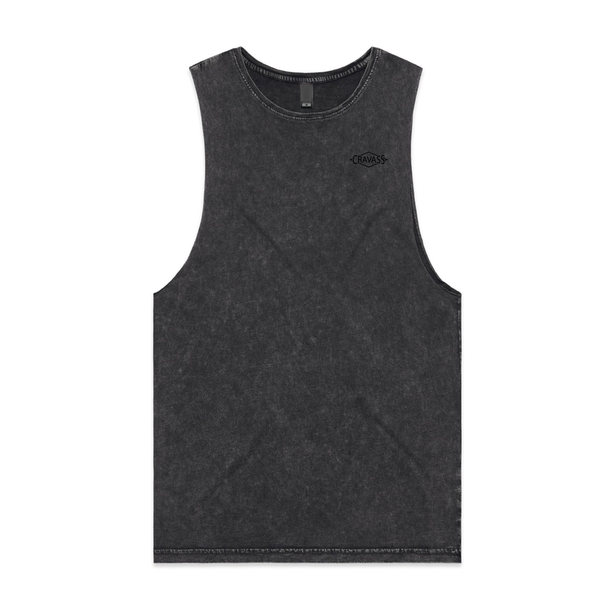 Black acid wash singlet with a large black Maori design on the back from Cravass Clothing front view