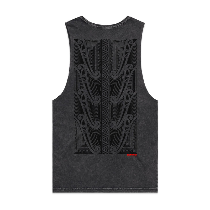 Black acid wash singlet with a large black Maori design on the back from Cravass Clothing