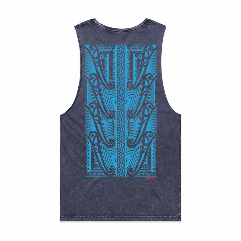Blue acid wash singlet with a large blue Maori design on the back from Cravass Clothing