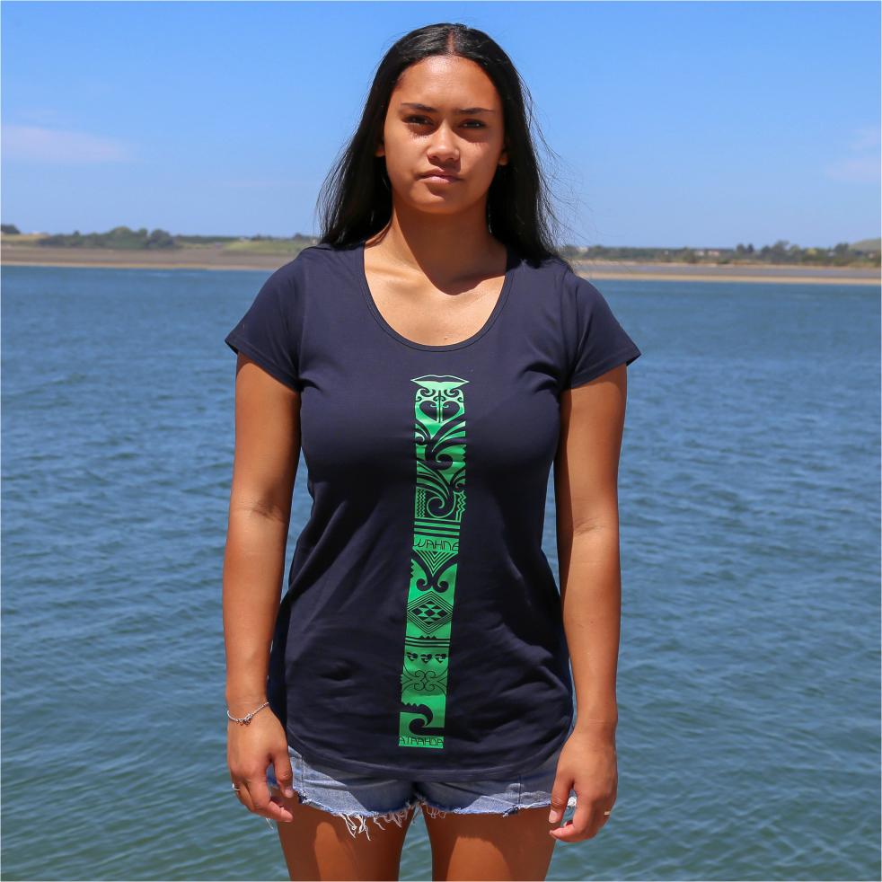 Women's navy tshirt with green maori design stripe from cravass. Maori ta moko clothing. 