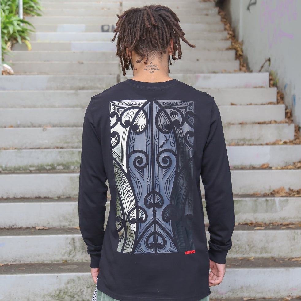 Black longsleeve t-shirt with silver, grey and black Maori design.