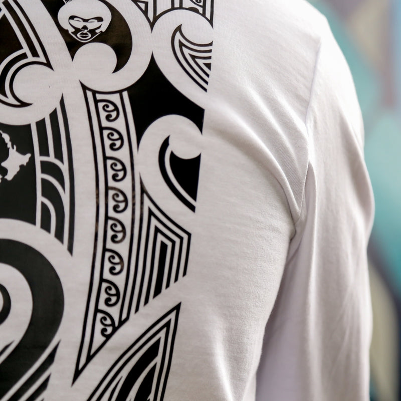 White long sleeve t-shirt with silver, grey and black Maori design.