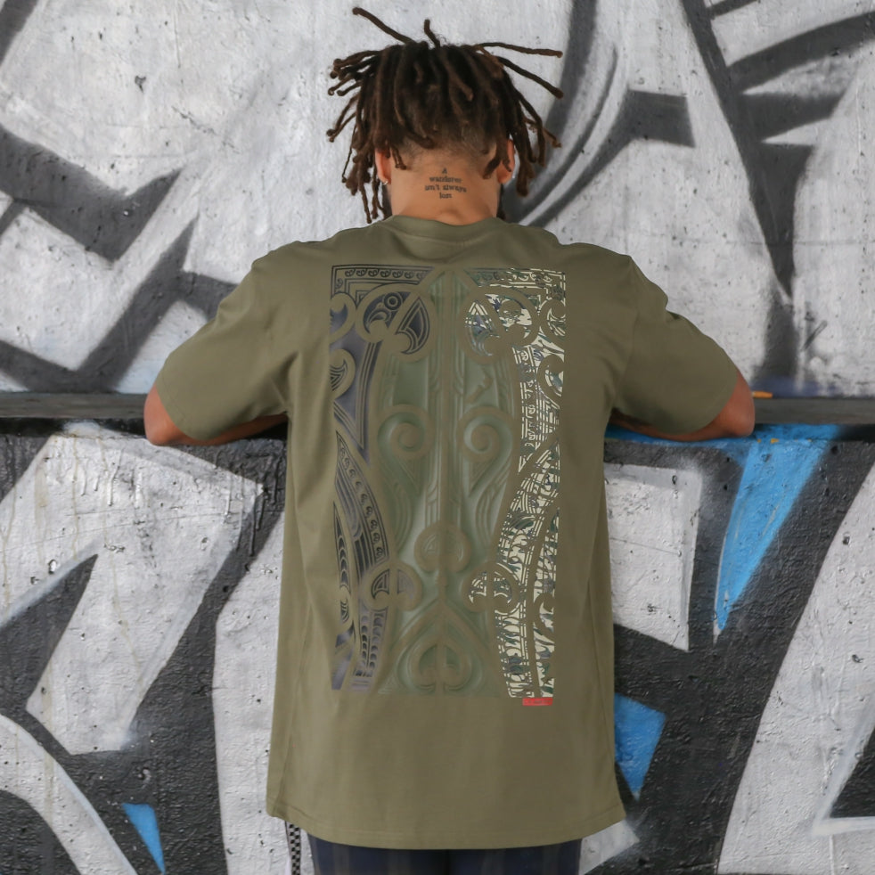 Men's army coloured t-shirt with black, army and camo Maori design.