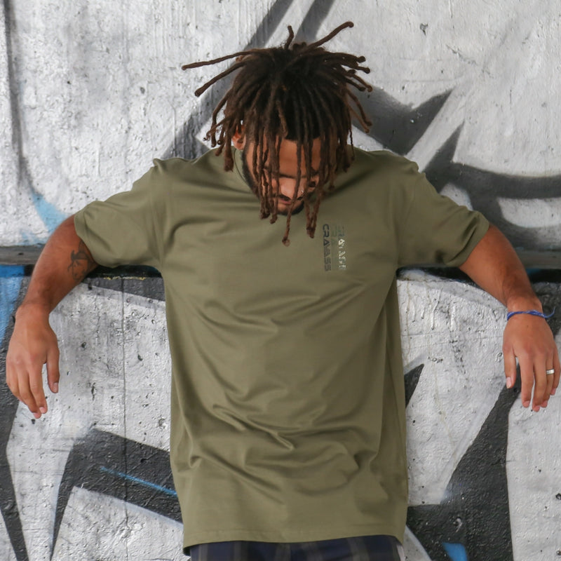Front view of our Men's army coloured t-shirt with black, army and camo Maori design.
