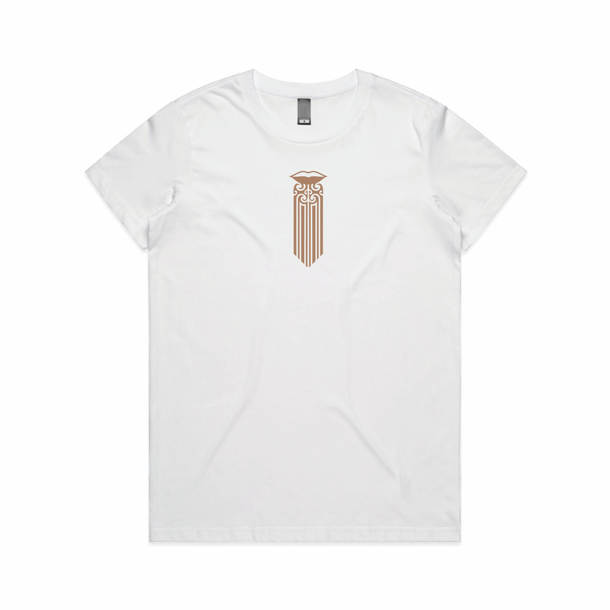 Women's white t-shirt with a Satin Mocha brown Maori Moko Kauae design