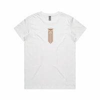 Women's white t-shirt with a Satin Mocha brown Maori Moko Kauae design