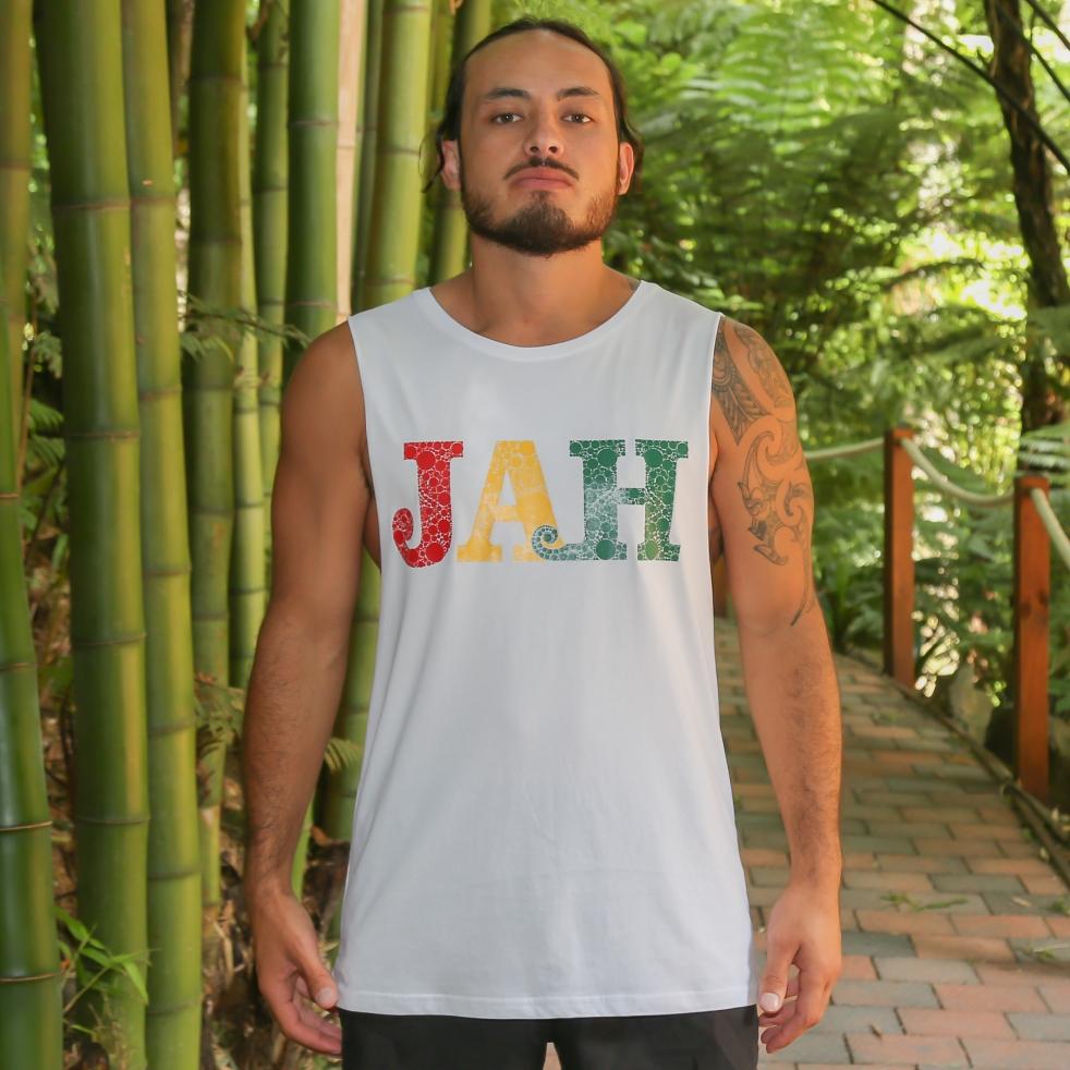 JAH - Rastafari. Men's white singlet from Cravass. Kotahi Aroha (Onelove) rasta range. Front
