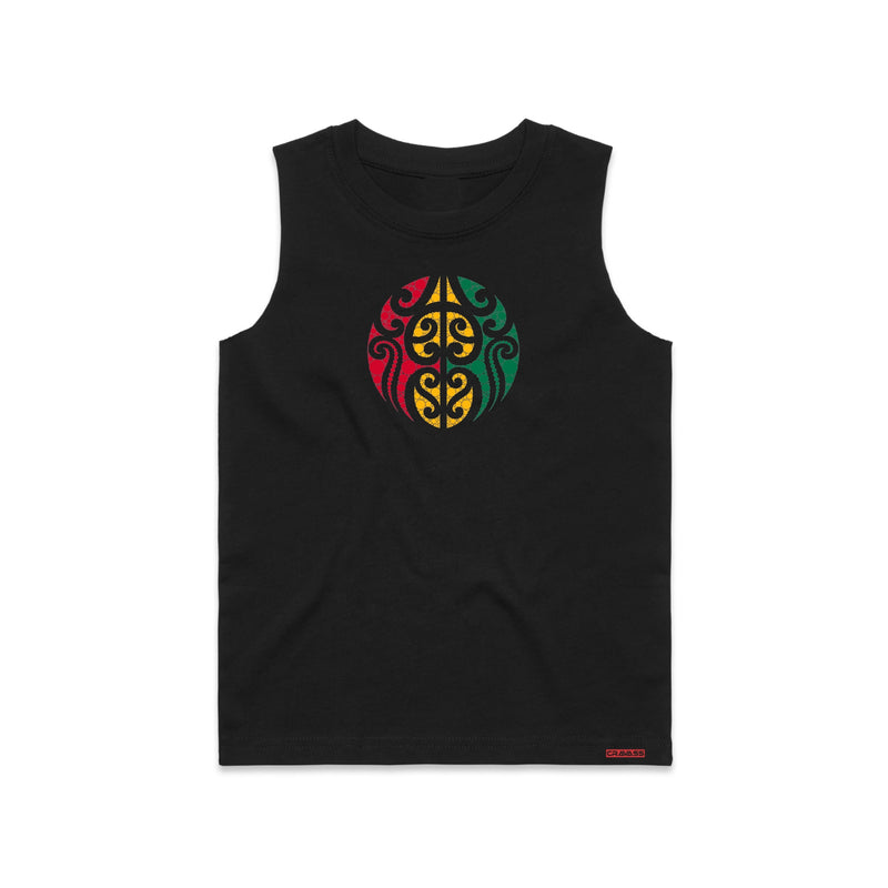 Kids black singlet with Maori design. Colour red, yellow and green