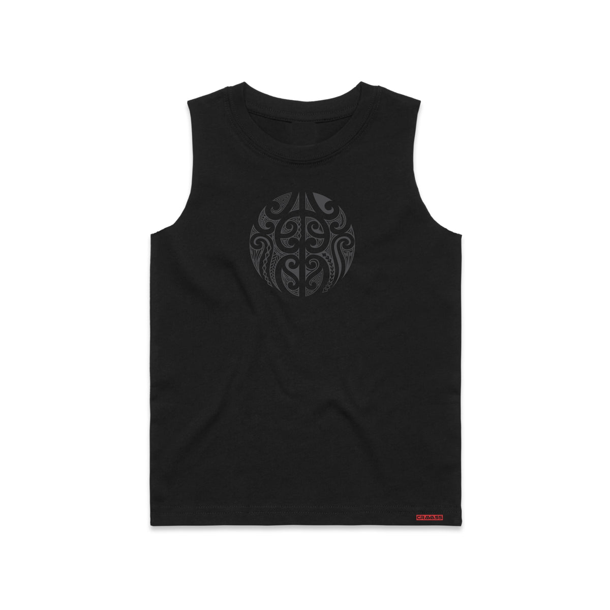 Kids black singlet with black Maori design