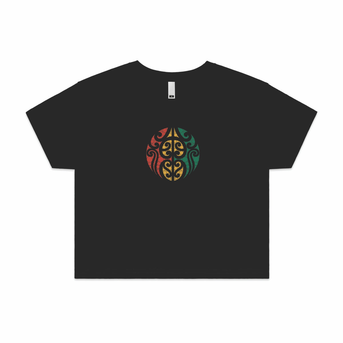 Women's black crop top with Maori design in Rasta colours
