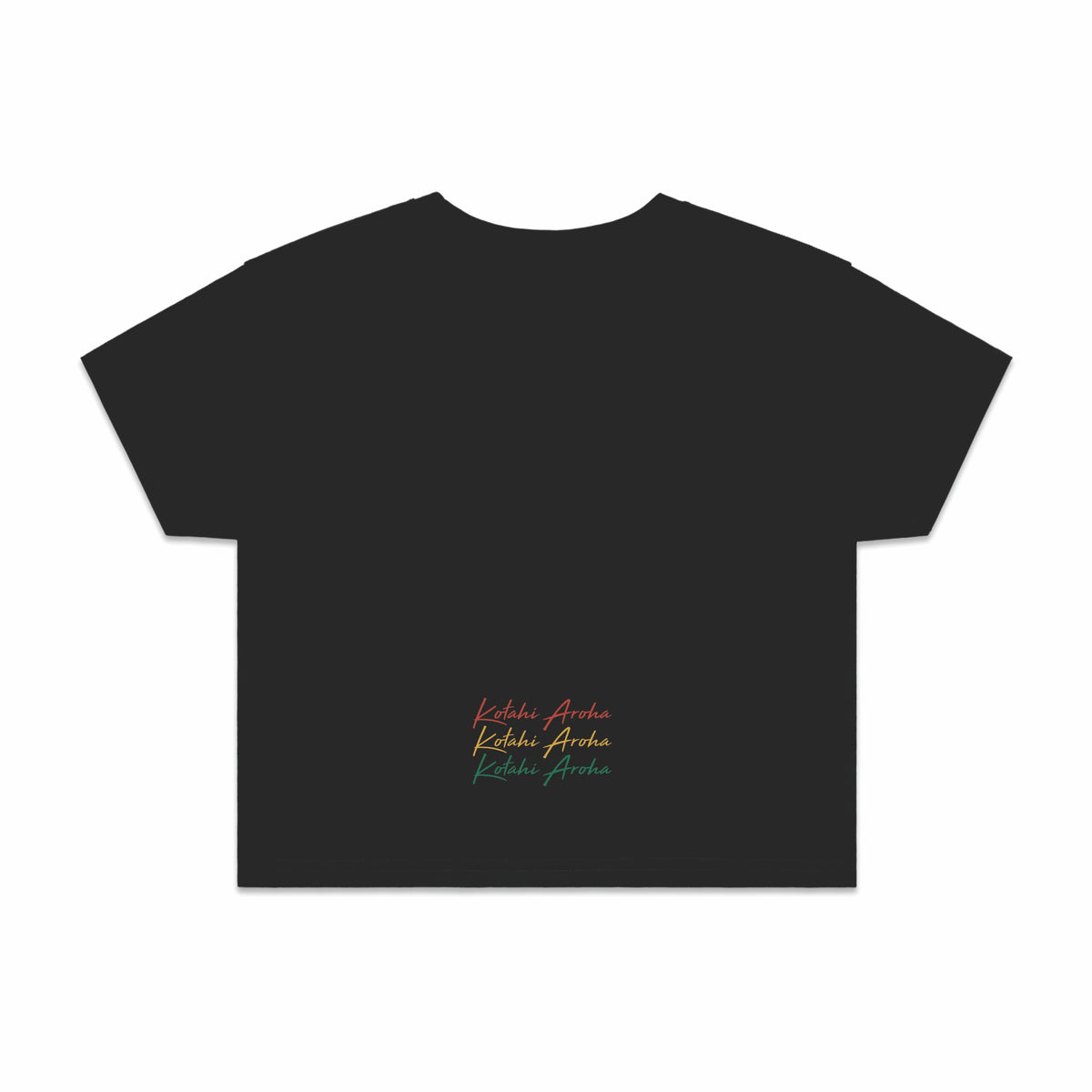 Women's black crop top with Maori design in Rasta colours back view