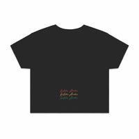 Women's black crop top with Maori design in Rasta colours back view