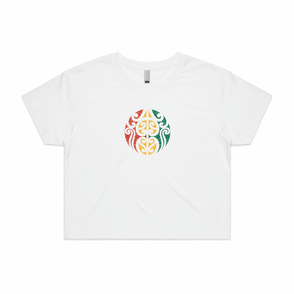 Women's white crop top with Maori design in Rasta colours