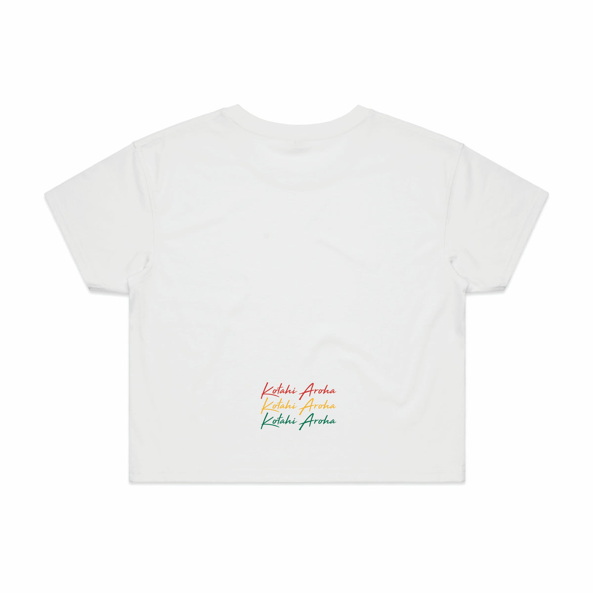 Women's white crop top with Maori design in Rasta colours back view.