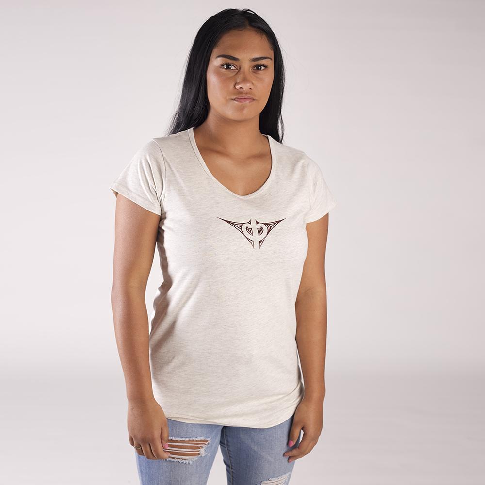 Womens oatmeal colour tshirt with small brown maori design on the chest.