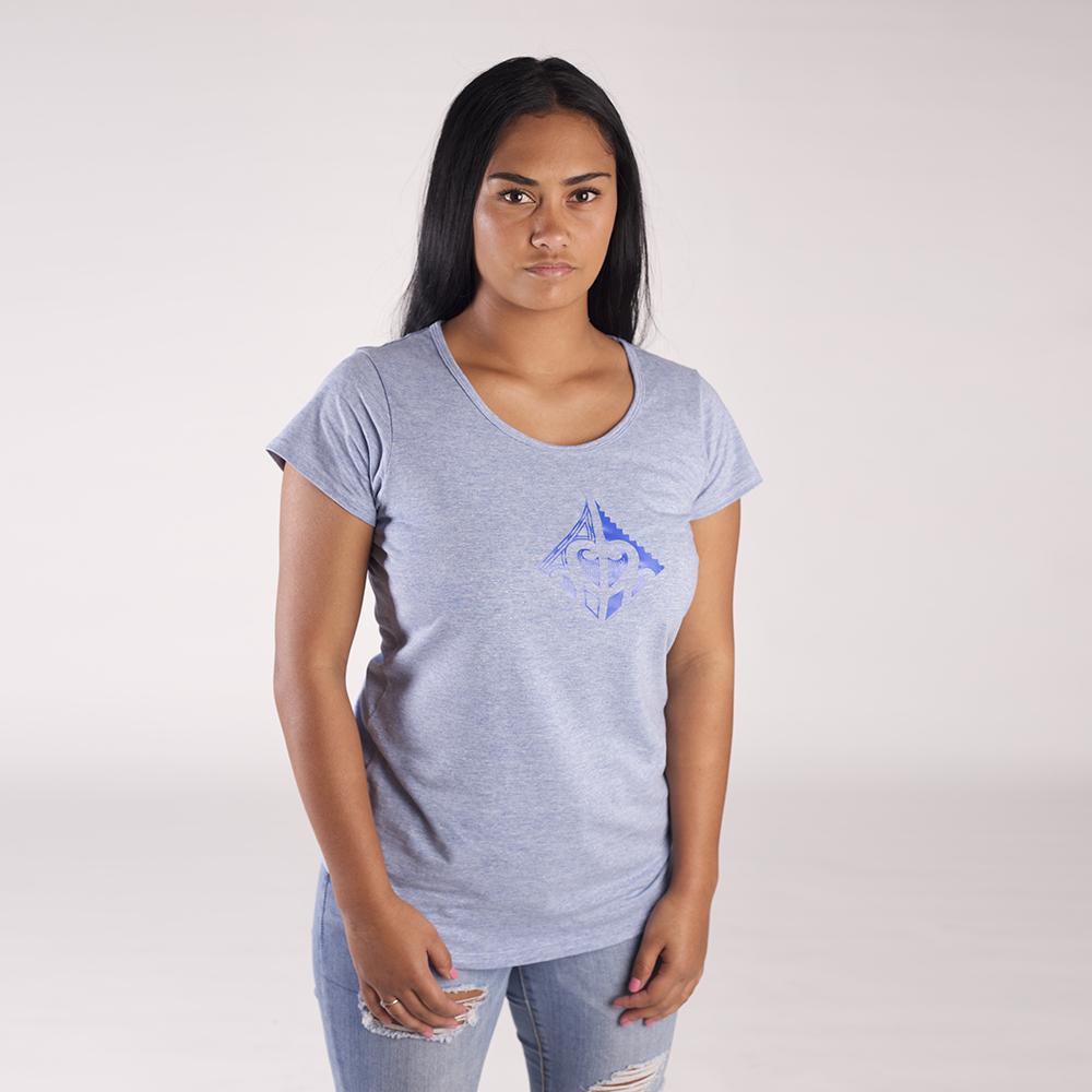 Light blue women's tshirt with pacific blue maori design on the front chest by cravass. 