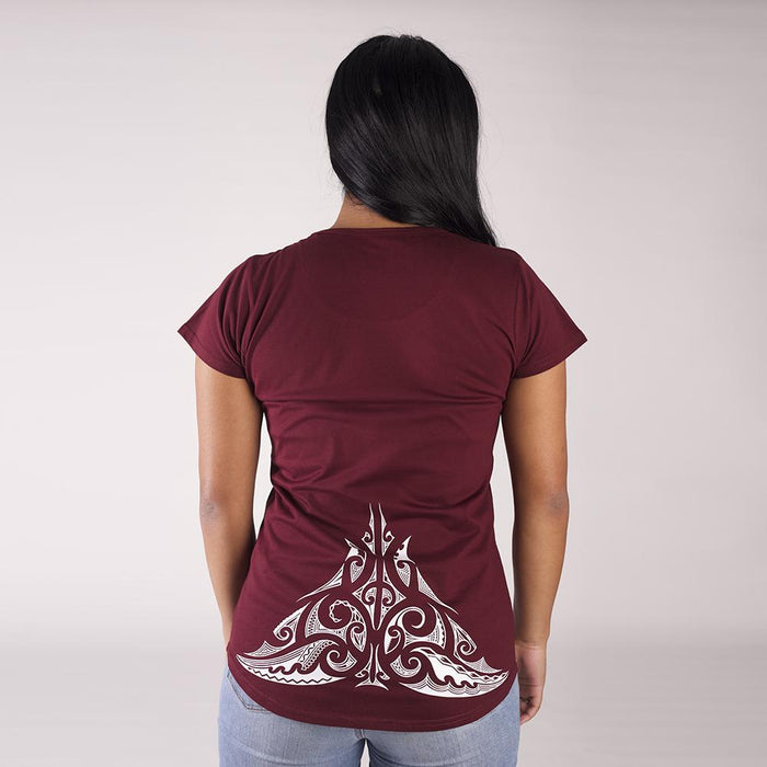 Beautiful burgundy womens tshirt with a white lower back maori design from Cravass