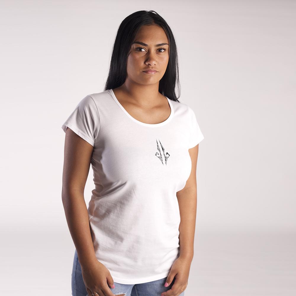 White women's tshirt with black ta moko design on the front chest. 