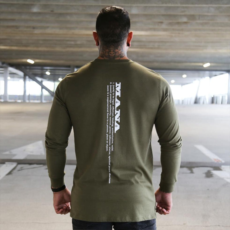 Mens green long sleeve tshirt with the meaning of the maori word mana on the back.