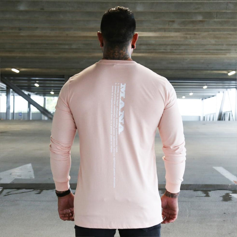 Mens pink long sleeve tshirt with white Maori design. Meaning of Mana. Back view.