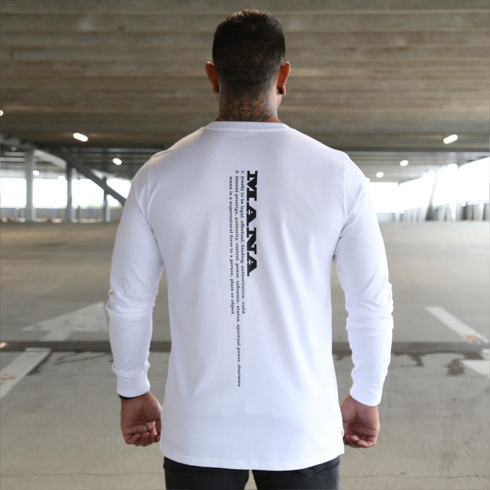 Mens white long sleeve tshirt with black Maori design. Meaning of Mana. Back view.