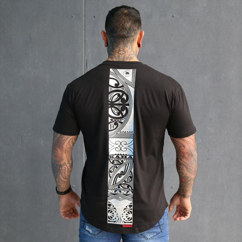 Mens black tshirt with silver maori design. Mana, kaha and purotu incorporated into the back design.